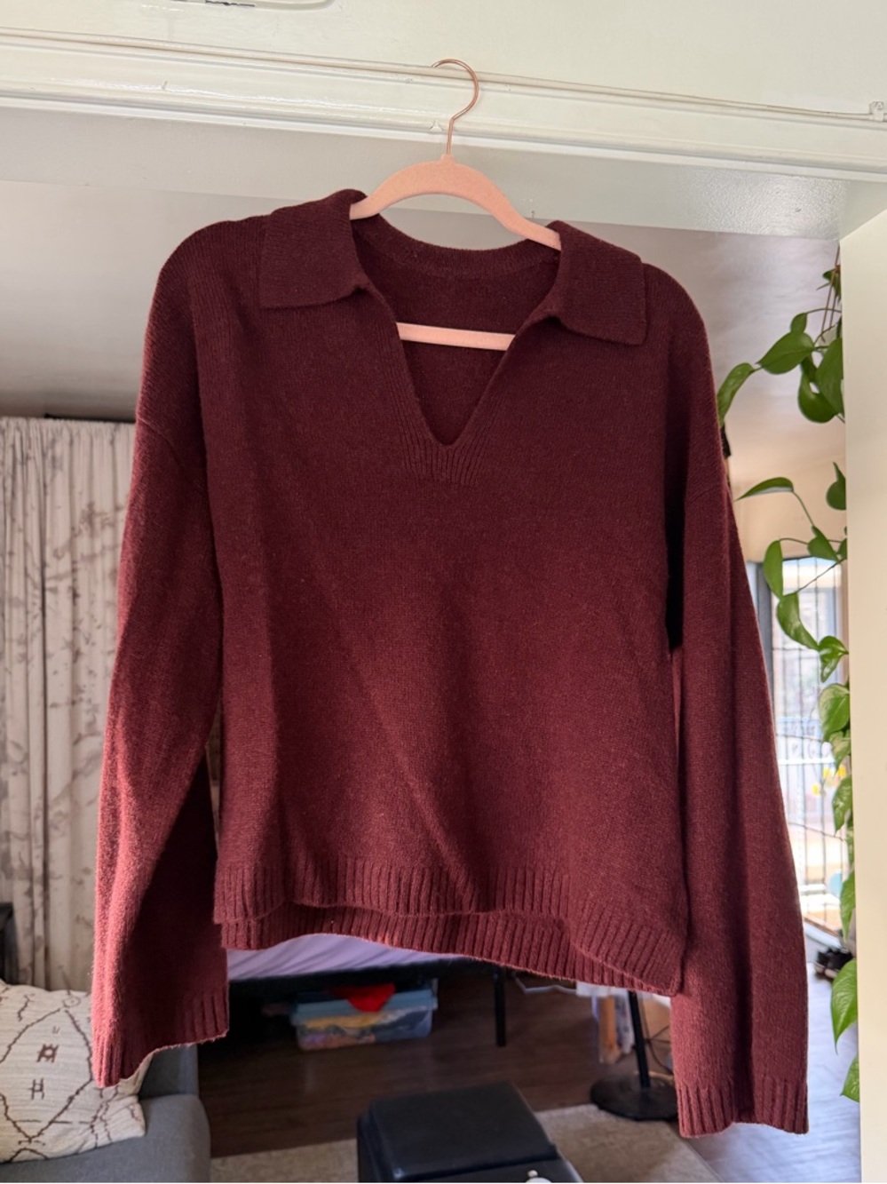 Madewell Burgundy V-Neck Collared Sweater
